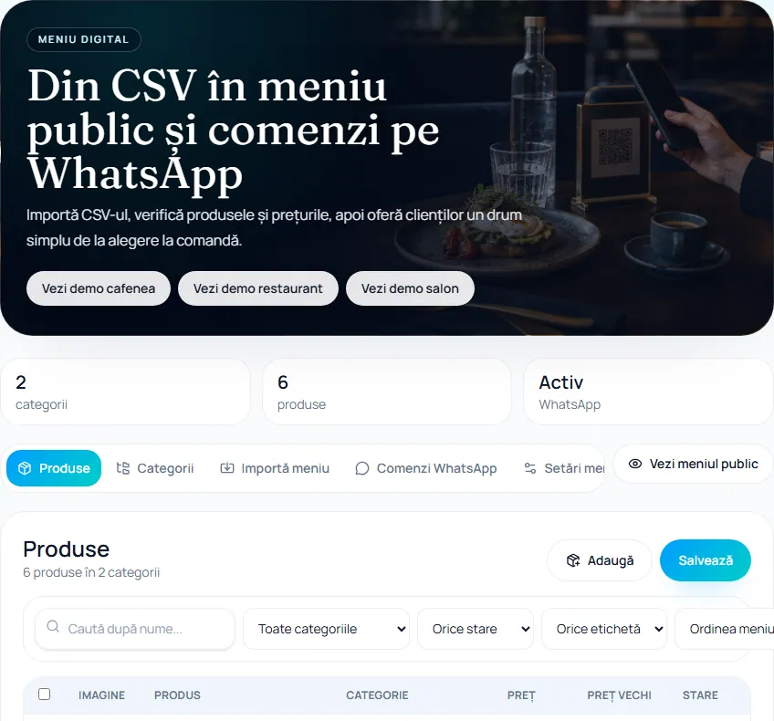 Administrarea produselor din Meniul Digital ReVino