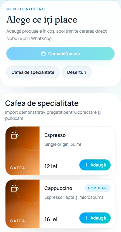Meniul Digital ReVino văzut de client pe telefon
