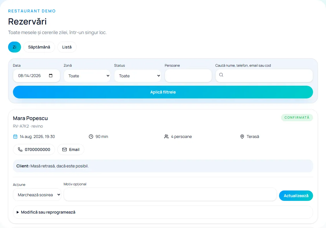 Dashboardul de rezervări ReVino
